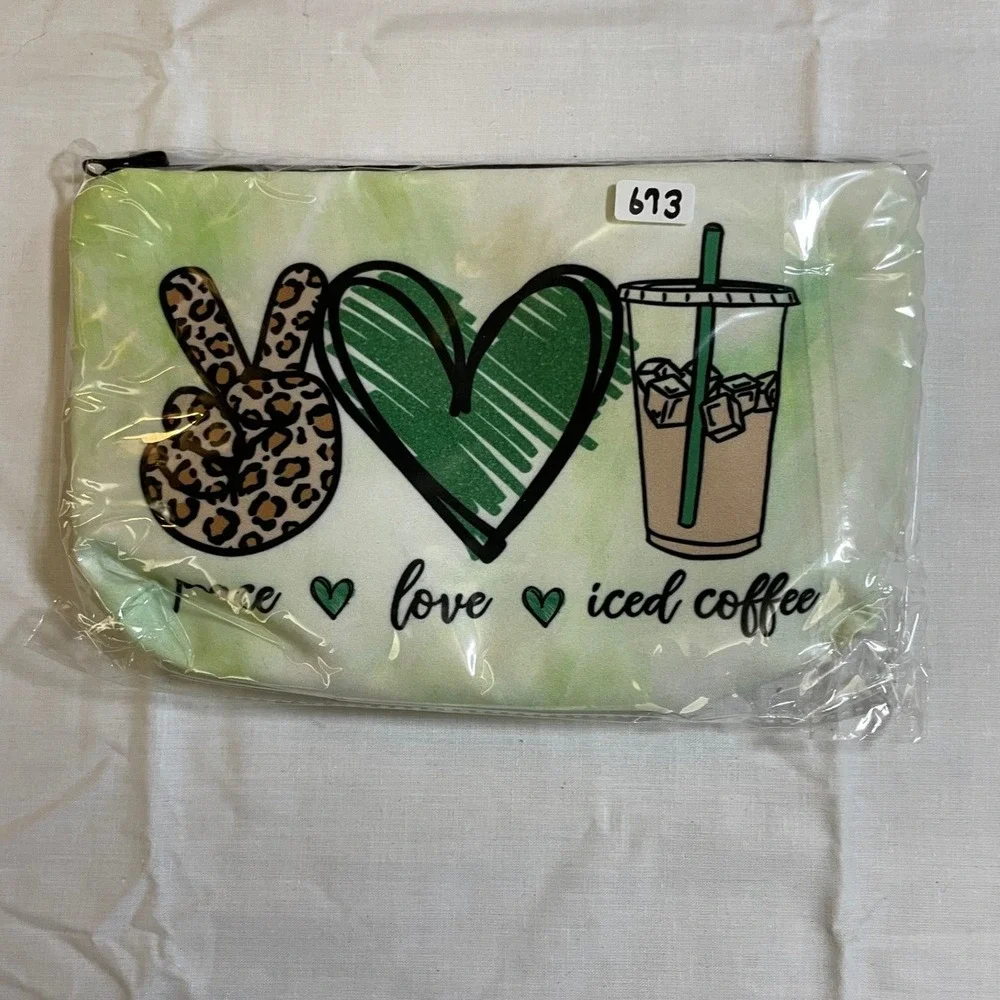 The Pouch Makeup Bag Womens OS Green NWT Peace Love Iced Coffee Tie Dye Leopard